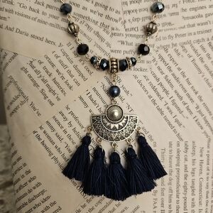 Elegant Gold and Navy Tassel Necklace